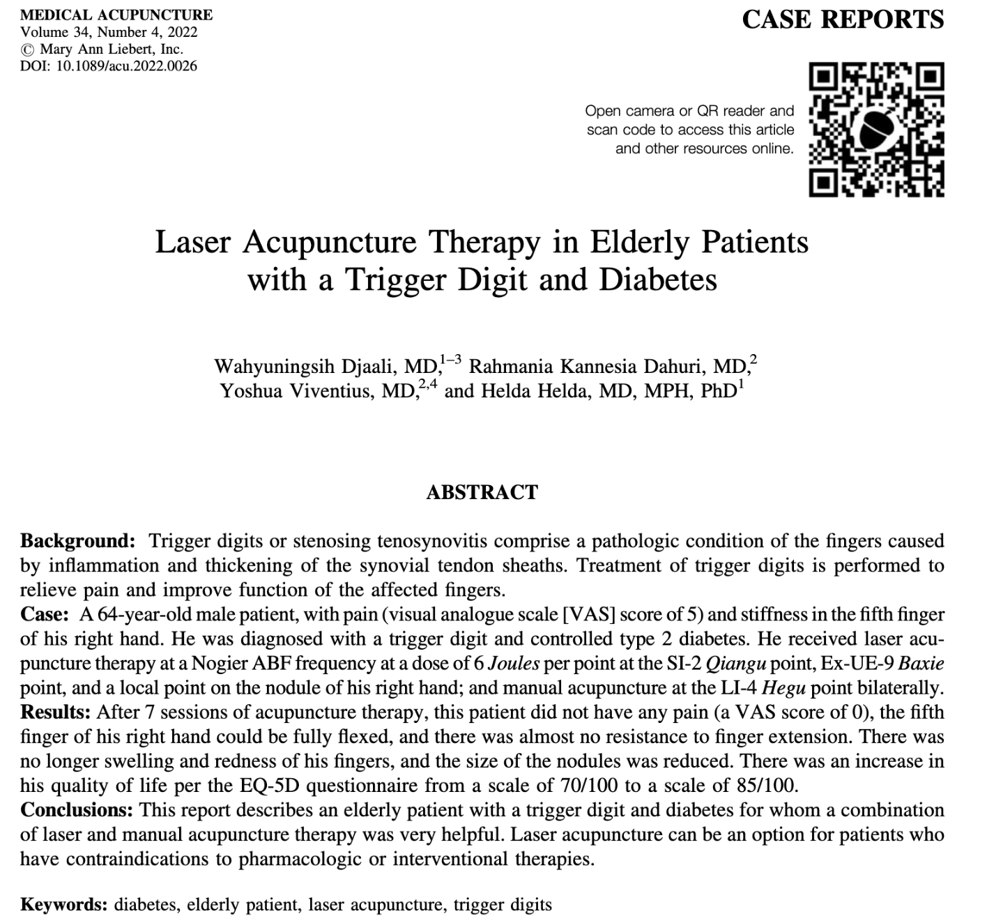 Laser Acupuncture Therapy in Elderly Patients with a Trigger Digit and Diabetes - Perhimpunan Dokter Spesialis Akupunktur Medik Indonesia
