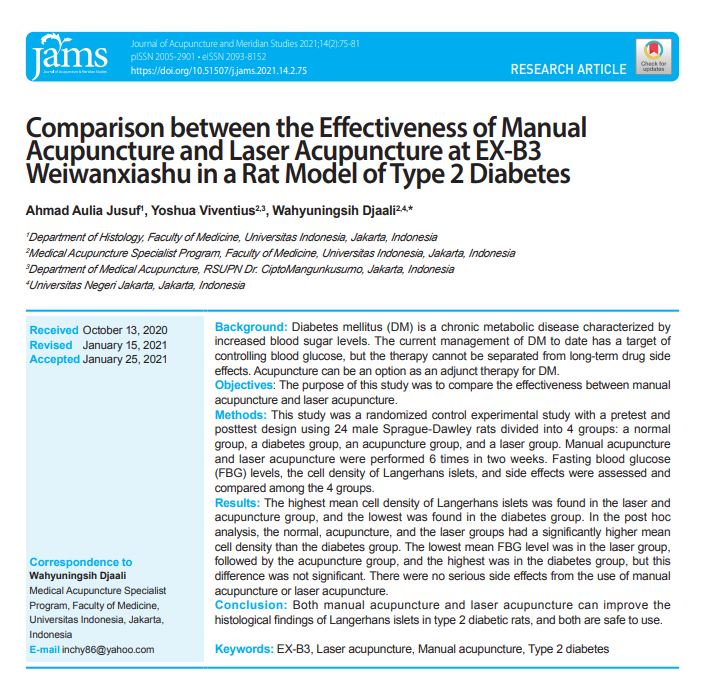 Comparison between the Effectiveness of Manual Acupuncture and Laser Acupuncture at EX-B3 Weiwanxiashu in a Rat Model of Type 2 Diabetes - Perhimpunan Dokter Spesialis Akupunktur Medik Indonesia